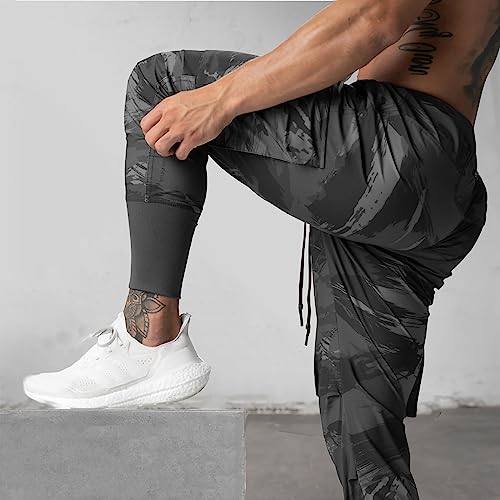 Gintpk Men's Cargo High Rib Jogger Gym Workout Pants Sport Running Tapered Sweatpants Quick Dry For Training Black Camo M #TOP2