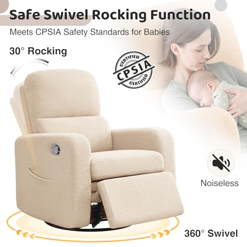 Image of Swivel Rocker Recliner, Oversized Manual Boucle Nursery Glider Rocking Recliner Chair with Removable Cushion, Upholstered Teddy Swivel Reclining Chair for Nursery Living Room Bedroom, Apricot