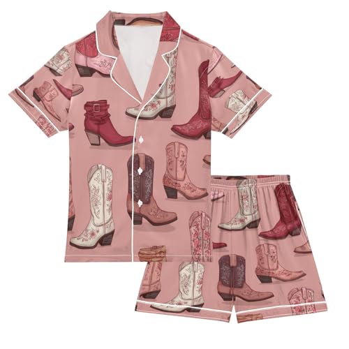 Satin Pajama Sets Short Sleeve Cowboy Boots Floral Kawaii Button Down Silky Nightwear 2 Piece PJS 5-14Y