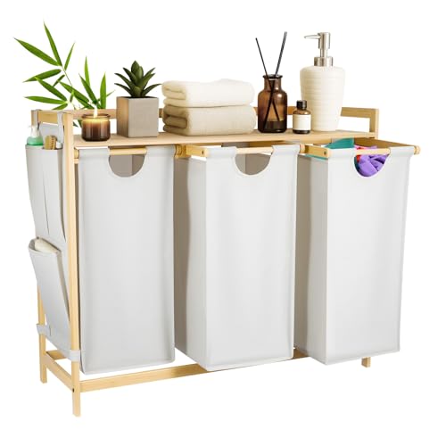 KingSaid Panier à Linge 3 Compartiments 135L en Bambou, Corbeille à Linge avec Étagère et Poches Latérales, Sacs Amovibles Lavables pour Rangement...
