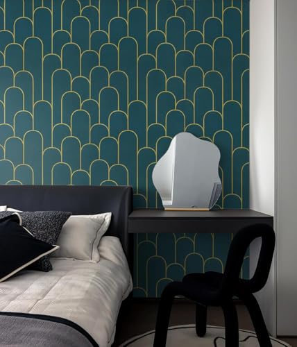 Image of VKR Modern Geometric Peel and Stick Wallpaper Roll | Self Adhesive Waterproof Vinyl Wall Covering for Bedroom, Living Room, Office, Cabinet & Furniture Decor (45 x 300cm, Teal Gold Pattern)
