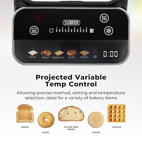Tower T20096BLK Cavaletto Mirage 2 Slice Toaster with Digital Control Panel, 5 Pre-Set Toasting Options, Countdown Timer, Memory Function, 925W, Black with Chrome Trim