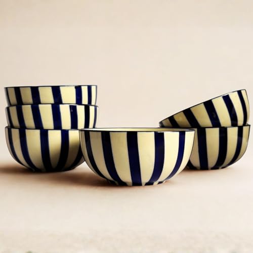 Image of Freakway Blue Striped Ceramic Bowls Set | Handcrafted Stoneware for Snacks, Soup, Dessert & Serving | Premium Tableware | Set of 6