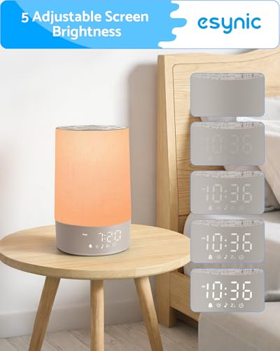 eSynic 2 in 1 Lichtwekker met Zonsopgang en Witte Ruis, Dimbaar Nachtlampje en Display, 30 Ontspannende Geluiden, Timer, Snooze, Verstelbaar Volume, Sunrise Alarm Clock voor Nachtkastje met Oplader