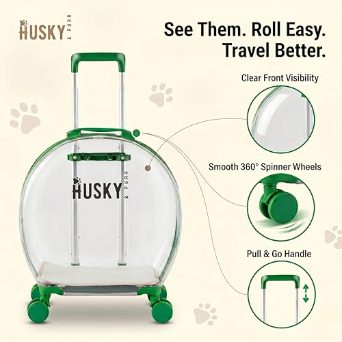Image of Husky & Purr PopGo Pet Carrier with Wheels for Cats & Small Dogs | Transparent Cat Bag Carrier Trolley with Telescopic Handle | Dog Carrying Bag, Up to 8kgs, Green