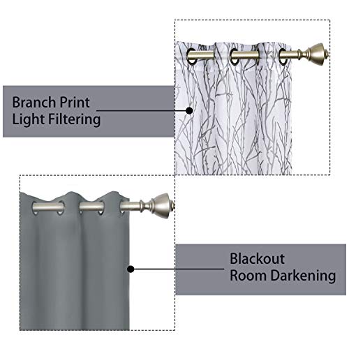 Bonzer Mix And Match Curtains - 2 Pieces Branch Print Sheer Curtains And 2 Pieces Blackout Curtains For Bedroom Living Room Grommet Window Drapes, 37X84 Inch/Panel, Light Grey, Set Of 4 Panels #TOP2