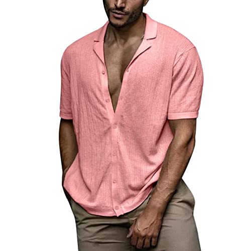 Camisa hawaiana para hombre de manga corta para verano, camisa de ocio monocolor, polo Kuban con cuello de playa, camisa de manga corta suave, camisa de rayas con estructura de playa, camisas