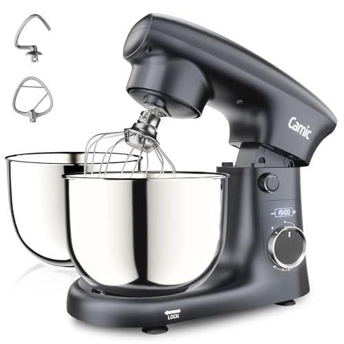 Camic Stand Mixer, 4.2QT+5.3QT Two bowls Electric Food Mixer, 10 Speeds with Digital setting 3-IN-1 Kitchen Mixer for Baking Cakes Cookie Bread Salad with Egg Whisk,Dough Hook,Flat Beater (Grey)
