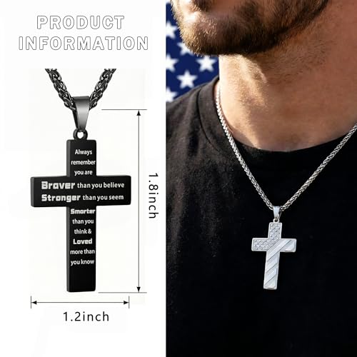 RINHOO 2cps American Flag Cross Necklace for Men Inspirational Bible Verse Cross Pendant Stainless Steel Religious Christian Necklace (Silver+Black-Always remerber) - image 2