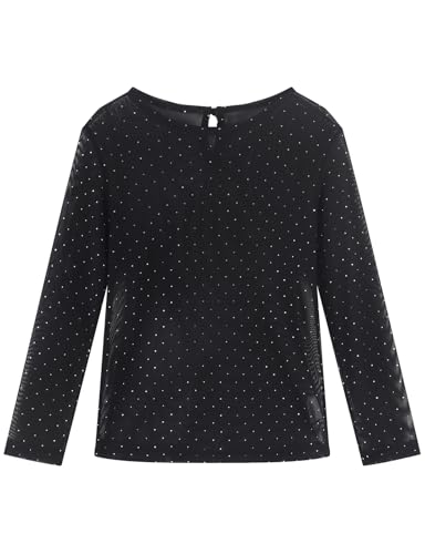 Noomelfish Girls Lace Long Sleeve Layering Tops Sheer Mesh Tee Shirts Blouse (5-12 Years), Sparkly Dot Black, 5-6 Years