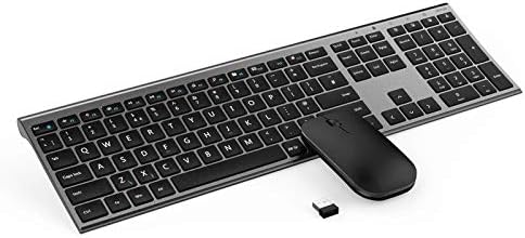 2.4GHz USB Wireless Full Size Keyboard and Mouse Combo, Silent Rechargeable Slim Keyboard and Mice Set UK Layout, 12 Multimedia Function Keys, Space Gray