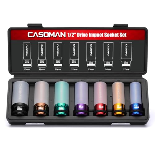 CASOMAN 7PCS 1/2" Drive Deep Lug Nut Impact Socket Set, Non-marring & Thin Wall Wheel Protector, Color-Coded, 85mm Length, 6 Point, Metric, CR-MO
