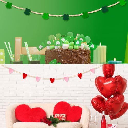 Image of 2 Pcs Valentine's Day St. Patrick's Day Wood Bead Garland Valentine's Day Felt Heart Banner St. Patrick Day Shamrock Banner Garland for Mantle Fireplace Room Valentine St. Patrick's Hanging Decor