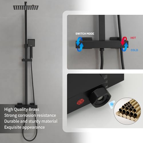 Sistema de ducha expuesta BWE Negro, cabezal de lluvia de 10 pulgadas y ducha de mano, latón | Cabezal de ducha de lluvia de 10 pulgadas, ducha de mano, divisor dual, latón macizo, negro mate, montaje en pared, instalación DIY miniatura 5