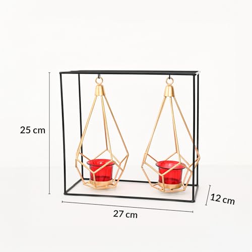 Image of MARKET 99 Nordic Style 2 Pcs Hanging Cage T-Light Holder with Stand | Black Metal Rectangular Frame with Diamond Holders | Perfect for Home, Xmas & Christmas Decor, Living Room & Festive Decoration