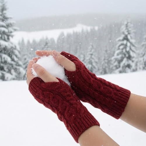 Image of Kraptick Women's Cable Knit Fingerless Gloves - Winter Soft Woolen Arm Warmers with Thumb Hole - Thermal Half Finger Mittens for Typing, Driving & Texting (Free Size, Khaki)