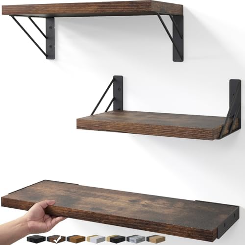 BAYKA Wall Shelves for Bedroom Decor, Wood, Rustic Brown, Set of 3, 16in