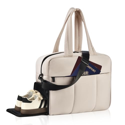 Weekender Bags for Women, Lightweight Puffer Tote Overnight Weekend Carry On Gym Duffle Bag with Shoe Compartment for Travel(Camel)