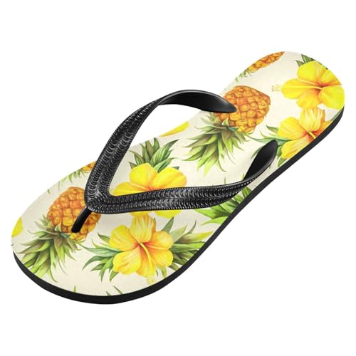 Pineapple Hibiscus Floral Beige Flip Flops for Beach Thong Sandals Anti-slip Lightweight Flat Slippers for Summer Swim Travel2