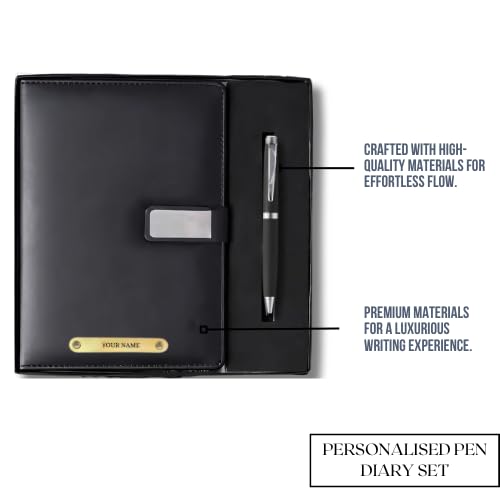 Image of 2 in 1 Personalized Diary & Pen Gift Set | Custom Name Engraved Leather Notebook & Metal Pen | Perfect for Office, & Corporate, Personal Use & Gifting (Black)