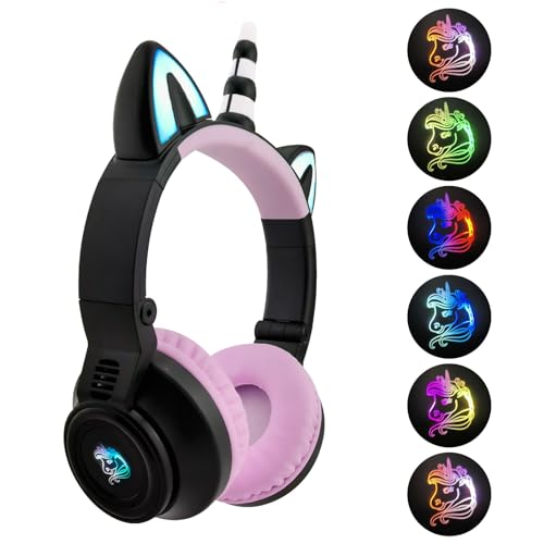 YUSONIC Unicorn Kids Headphones for Girls,Unicorn Bluetooth Headphones Foldable for Girls Toddlers Tablet/pad/Amazon fire,Light Up Kids Wireless Headphone Birthday Gifts (Black Purple)