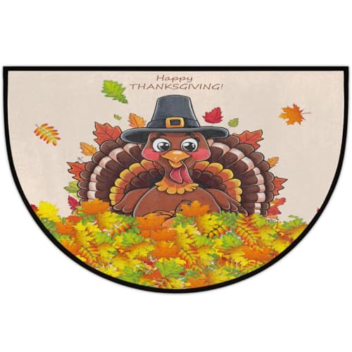 Image of cfpolar Half Round Door Mat Thanksgiving Turkey Autumn Non-Slip Semi Circle Area Rug Washable Half Moon Hearth Rugs for Indoor Outdoor Bathroom Kitchen Patio Runner Mat Laundry Room Home Decoration