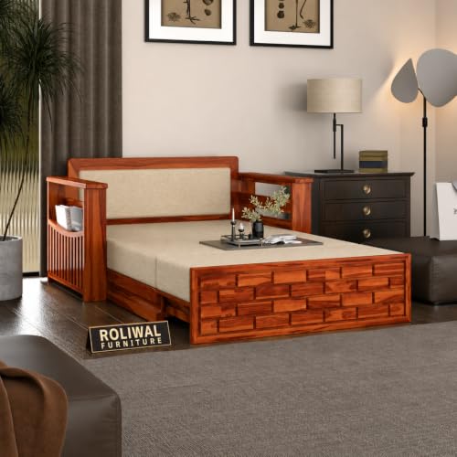 Image of Solid Sheesham Wood Sofa Cums Bed with Mattress & Storage | Rosewood Convertible Sofa Bed for Living Room & Bedroom (E-Honey, 2 Seater)