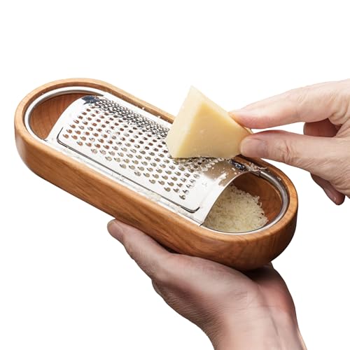 Cheese Grater with Container - Stainless Steel Cheese Grater with Cherrywood Serving Bowl - Fine Shredder Kitchen for Hard Cheese, Spices, and Zesting - Italian Kitchen Gadgets by Kings County Tools