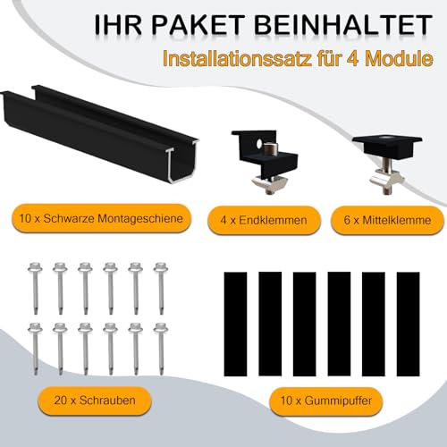 Sorlpv Solarmodul Halterung für 4X Module, PV Halterung Montageset - 12CM Schwarze Schiene + Verstellbare Klemme für 30-35MM Dicke Module, Alu Solarpanel Halterung Flachdach Trapezblech Blechdach