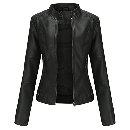 Lu's Chic Women's Faux Leather Jacket Long Sleeve Outerwear Zipper Fall Full Zip Spring Jackets & Coats2