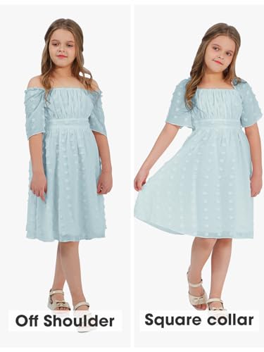 EXLURA Girls 2025 Summer Dresses Short Sleeve Swiss Dot Square Neck Flowy A Line Kids Dress Casual Party Midi Dress 6-15Y3
