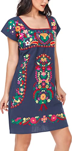 Image of YZXDORWJ Women Mexican Embroidered Dress Ruffle Collar Sleeveless