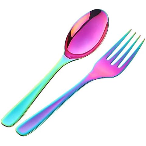 Salad Server Set, Baikai 2 Pieces Servers, Serving Spoons Forks, 10 inch Utensils Spoon (Rainbow, Salad Spoon & Fork) Cover