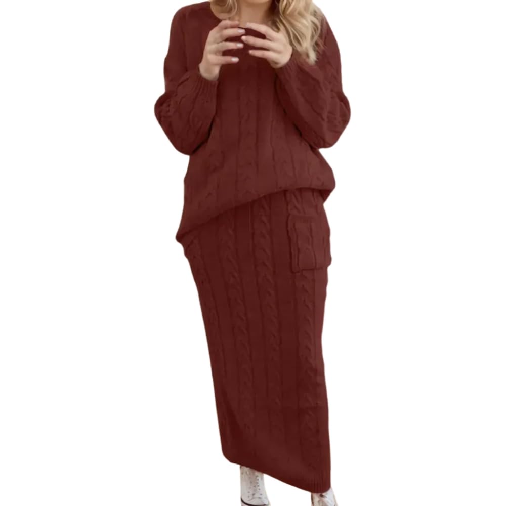 Womens Fall Two Piece Sets Casual Knit Cable Sweater and Long Skirts with Pocket Fashion Skirt Suits Winter