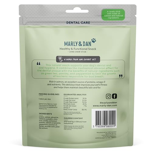 Marly & Dan Dental Care Chew Sticks, 5-in-1 Benefits for Dental and Immune System Health, Salmon, Peppermint & Green Tea, Chew Treats for Dogs (Small Dogs, Salmon)