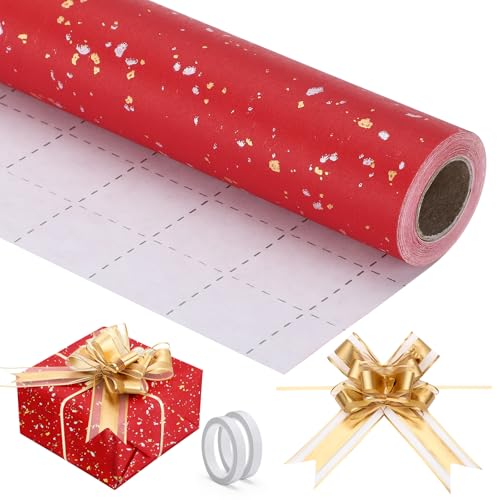 EUSOAR Red Wrapping Paper 1 Roll 17 in x 32.8ft Red Gift Wrap with 10pcs Gold Pull Bows Engagement Gifts Wrapping Paper Crafts DIY Bouquet Packaging for Wedding Birthday Holiday Bridal Party