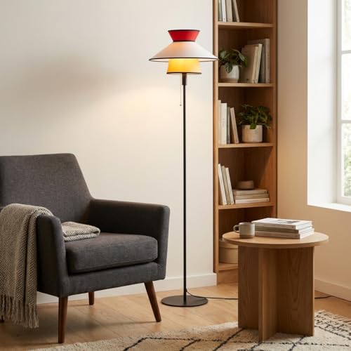 Alpinaluz Lampe sur Pied Retro Moderne avec Abat-Jour Textile Triple Cône en Rouge, Bois et Beige, Pied Métallique Noir Mat, Interrupteur à Chaîne, Style...