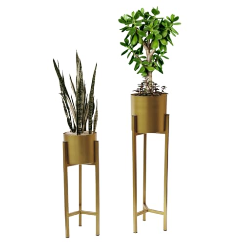 Trendi Gold Set of 2 Planter Pots with Metal Stands, Flower Pots Living Room Decor | Reversible Stand Plant Pot for Indoor/Outdoor Flower pot Plant Herb | Garden Container | Organizer decor