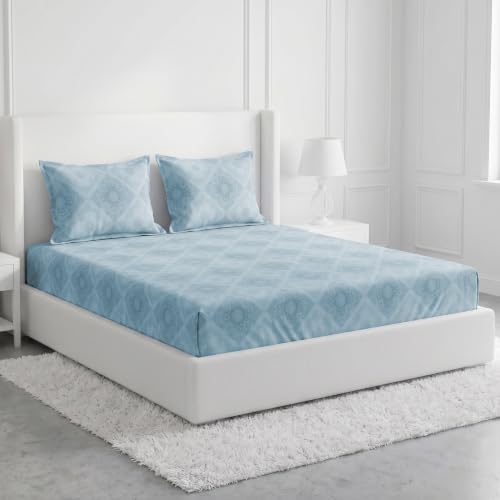 Image of Monte Carlo Eminence Double Bedsheet with 2 Pillow Covers | 144 TC Cotton Bedsheet for Double Bed | Soft & Breathable All Season Bedding Set | Blue Geometric Design | Bedsheet 87 x 100 Inches