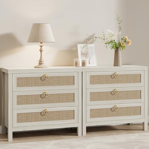 Image of Eclatara Large Rattan Night Stand Set of 2: Boho Nightstand with 3 Drawers, White Storage Bedside Table End Table Side Table for Bedroom(Cream White Oak,2 Pieces)