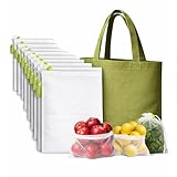 heartsera Set of 10 Premium Lightweight Reusable Mesh Produce Bags with Canvas Tote, Washable, Fruits, Vegetables, Grocery, Farmers Market, kitchen storage, Reusable Produce Mesh Bags with Drawstring