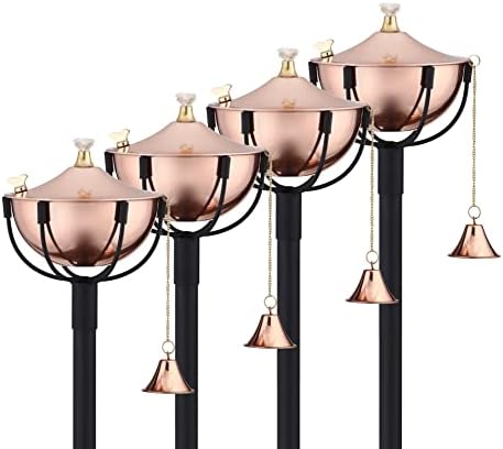 Legends Direct Set of 4, Maui Premium Metal Patio Torches, 54" Tall- Tiki Style/w Snuffer, Fiberglass Wick & Large 32oz Oil Lamp for Deck, Patio, Lawn, Garden, Luau (Smooth Copper)