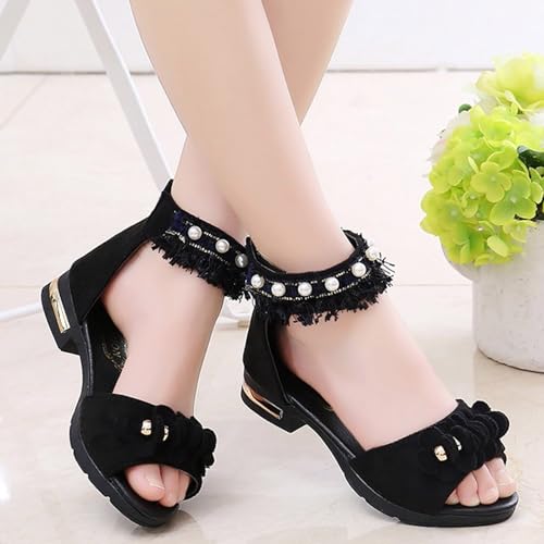 IWIHMIV Girls Sandals Ankle Strap Low Heel Pearl Flower Dress Wedding Party Shoes for Little Kid Non Slip Dress Shoes3