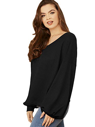 Romwe Women's Plus Size Casual Drop Shoulder Lantern Long Sleeve V Neck Blouse Top Shirts Black 4X Plus