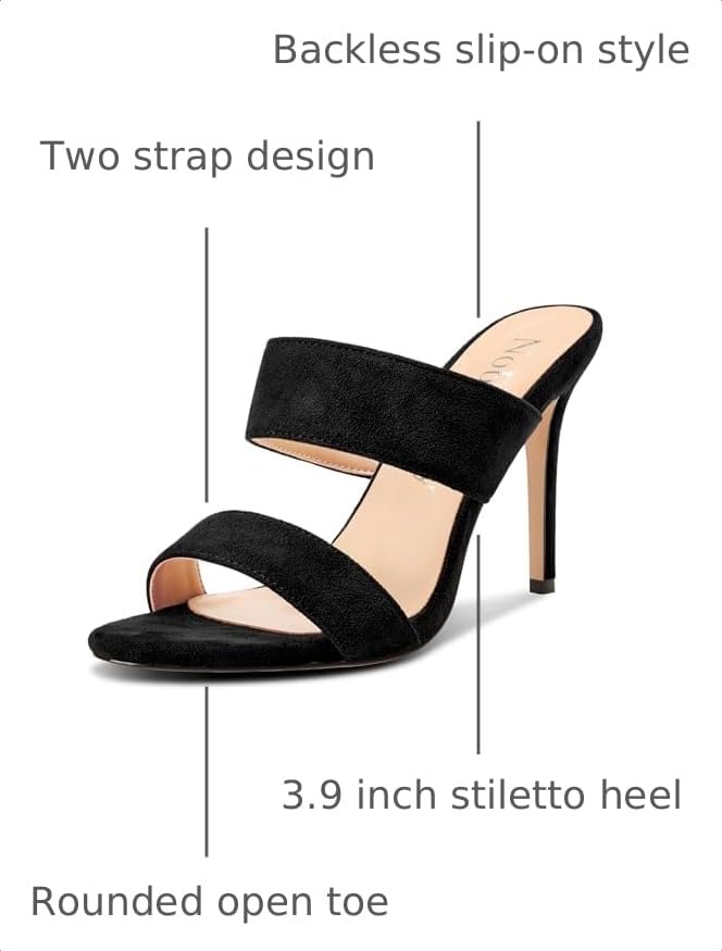 Image of NobleOnly Womens Round Open Toe Heeled Sandals Two Strap Stiletto High Heel Sandals Backless Dress Slip-on Mules Sandals 3.9 Inches Heels