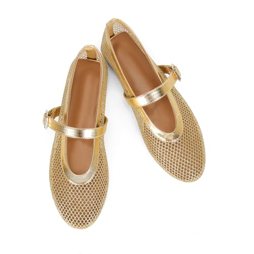 DOEYG - Ballerines à plateforme en maille pour femmes avec boucle, confortables, décontractées, pour bureau, chaussures de ballerine en filet, doré, 39.5 EU – vue 3