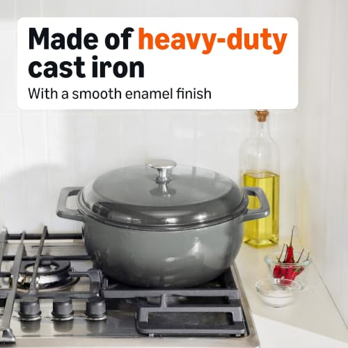 Image of Amazon Basics Enameled Cast Iron Dutch Oven Pot with Lid, Round, Dual Handles, Heavy-Duty, Oven Safe for Stews, Roasting, Baking,6-Quart, Gray