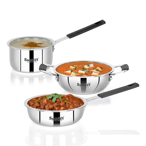 Image of Sumeet Cook Smart ISI Certified Tri-Ply (Steel - Aluminium - Steel) Set of 3 Pcs Mini Kadhai - FryingTadka Pan- SauceTadka Pan 450ml with Silicon Grip | Induction & Gas Friendly | 2.5mm Thick, Silver