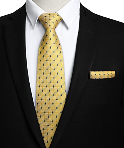 Hisdern Yellow Ties For Men Plaid Polka Dots Tie And Pocket Square Set Formal Mens Checkered Ties Handkerchiefs Gingham Silk Neckties For Wedding Navy #TOP1