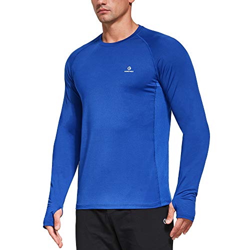 Ogeenier Men's Dry Fit Long Sleeve Workout Athletic T-Shirts Mesh Moisture Wicking Running Shirts with Thumb Holes,Blue,M